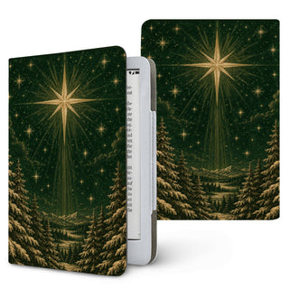 Christmas Star Kindle case, printed front and back — gold star over snowy pines on deep evergreen