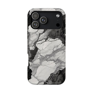Black and white marble MagSafe iPhone case — high-contrast veined stone print