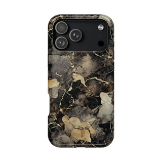 Black and gold marble MagSafe iPhone case — charcoal stone print with warm gold veins