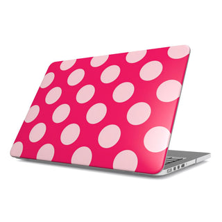 Raspberry Polka Dot MacBook case — hard-shell laptop cover, angled lid view