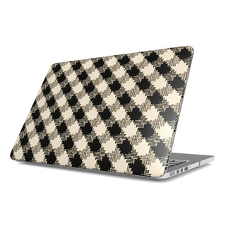 Black & Cream Check MacBook case — hard-shell laptop cover, angled lid view