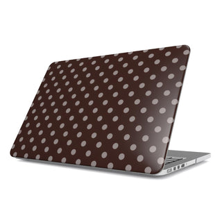 Chocolate Polka Dot MacBook case — hard-shell laptop cover, angled lid view