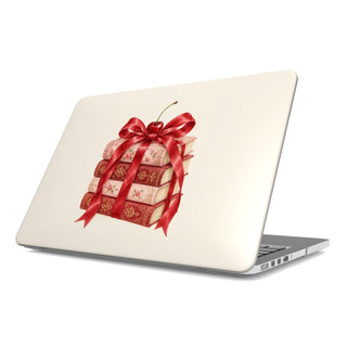 Cherry Bow Book Stack MacBook case — hard-shell laptop cover, angled lid view