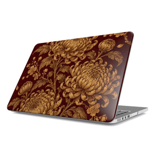 Gilded Chrysanthemum MacBook case — hard-shell laptop cover, angled lid view