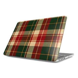 Holiday Tartan MacBook case — hard-shell laptop cover, angled lid view