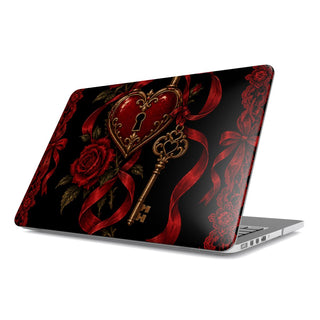 Locked Heart MacBook case — hard-shell laptop cover, angled lid view