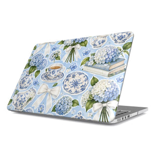 Hydrangea Tea Party MacBook case — hard-shell laptop cover, angled lid view