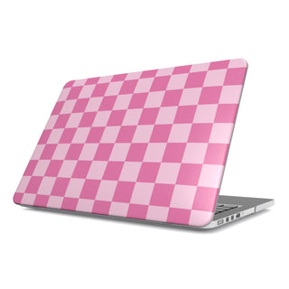 Pink Checkerboard MacBook case — hard-shell laptop cover, angled lid view