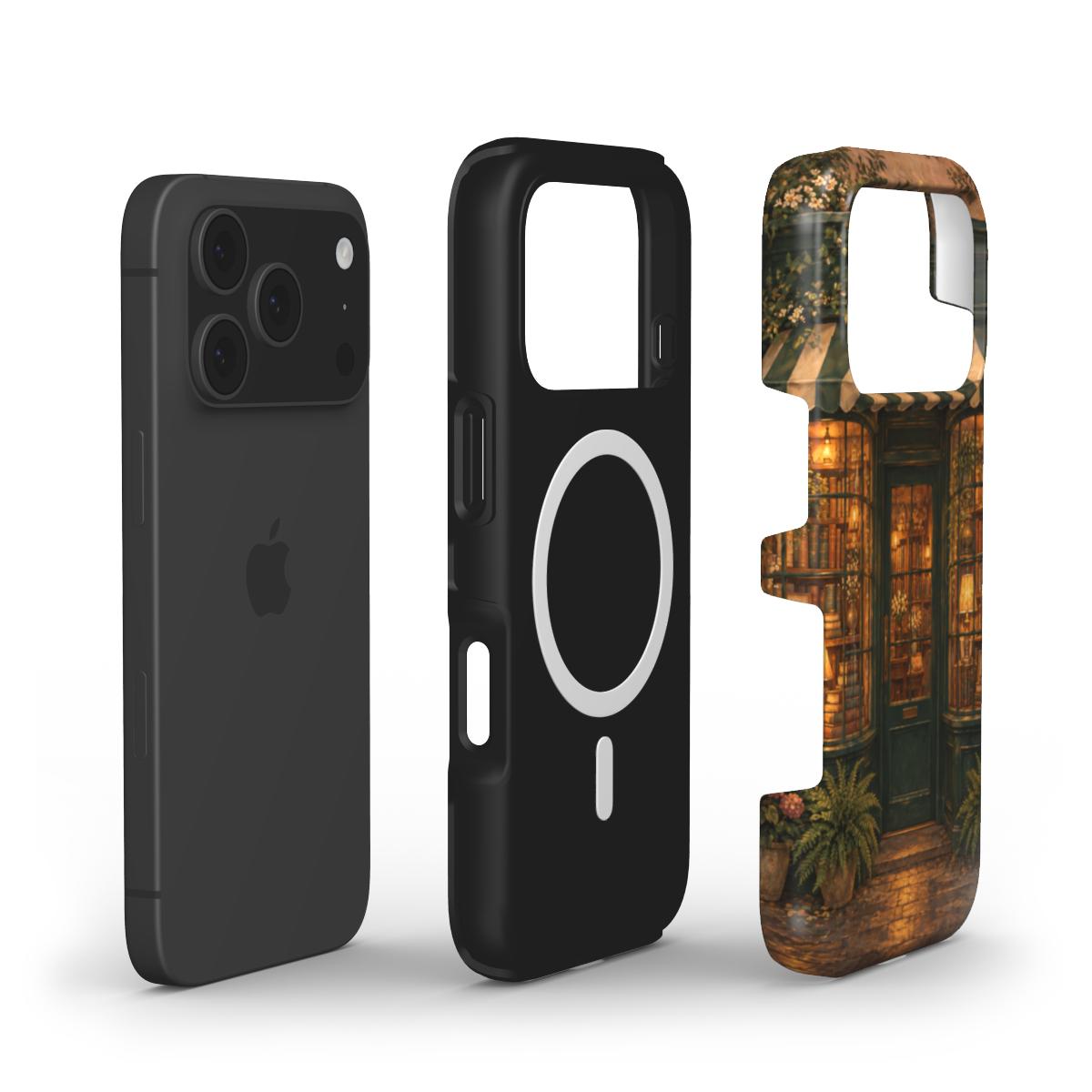 Bookshop at Dusk phone case — MagSafe iPhone case, shell and liner views