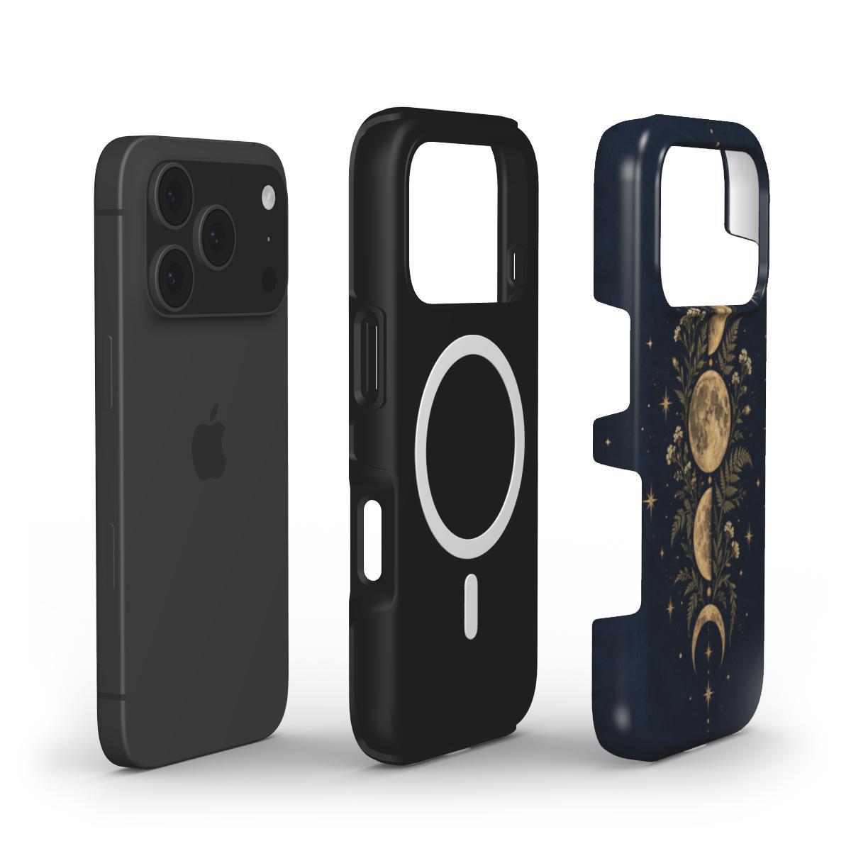 Midnight Moon Phases phone case — MagSafe iPhone case, shell and liner views