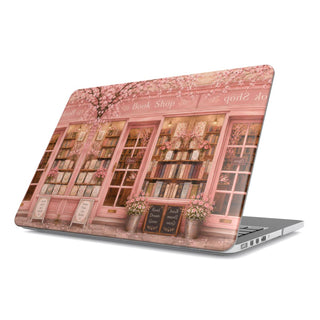 Cherry Blossom Bookshop MacBook case — hard-shell laptop cover, angled lid view
