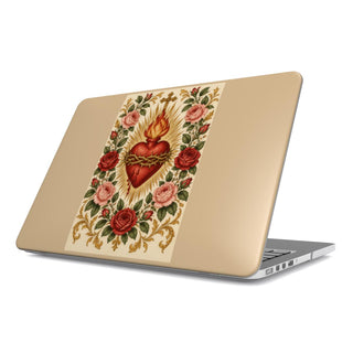 Sacred Heart & Roses MacBook case — hard-shell laptop cover, angled lid view