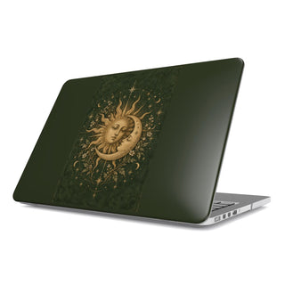 Sage Sun & Moon MacBook case — hard-shell laptop cover, angled lid view