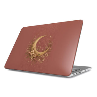 Dusty Rose Crescent Moon MacBook case — hard-shell laptop cover, angled lid view