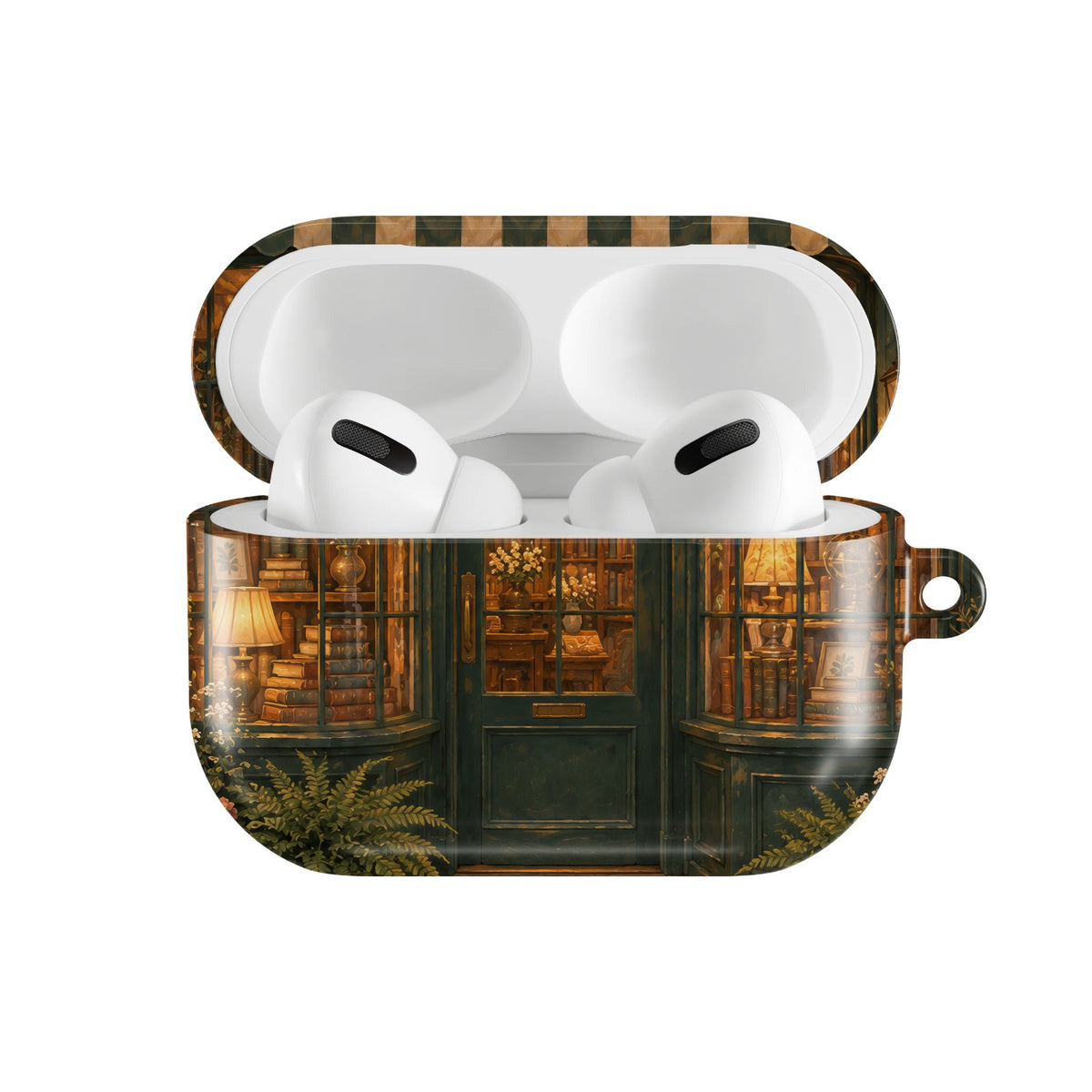 Bookshop at Dusk AirPods case — hard-shell earbuds cover, open front view