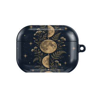 Midnight Moon Phases AirPods case — hard-shell earbuds cover, closed front view