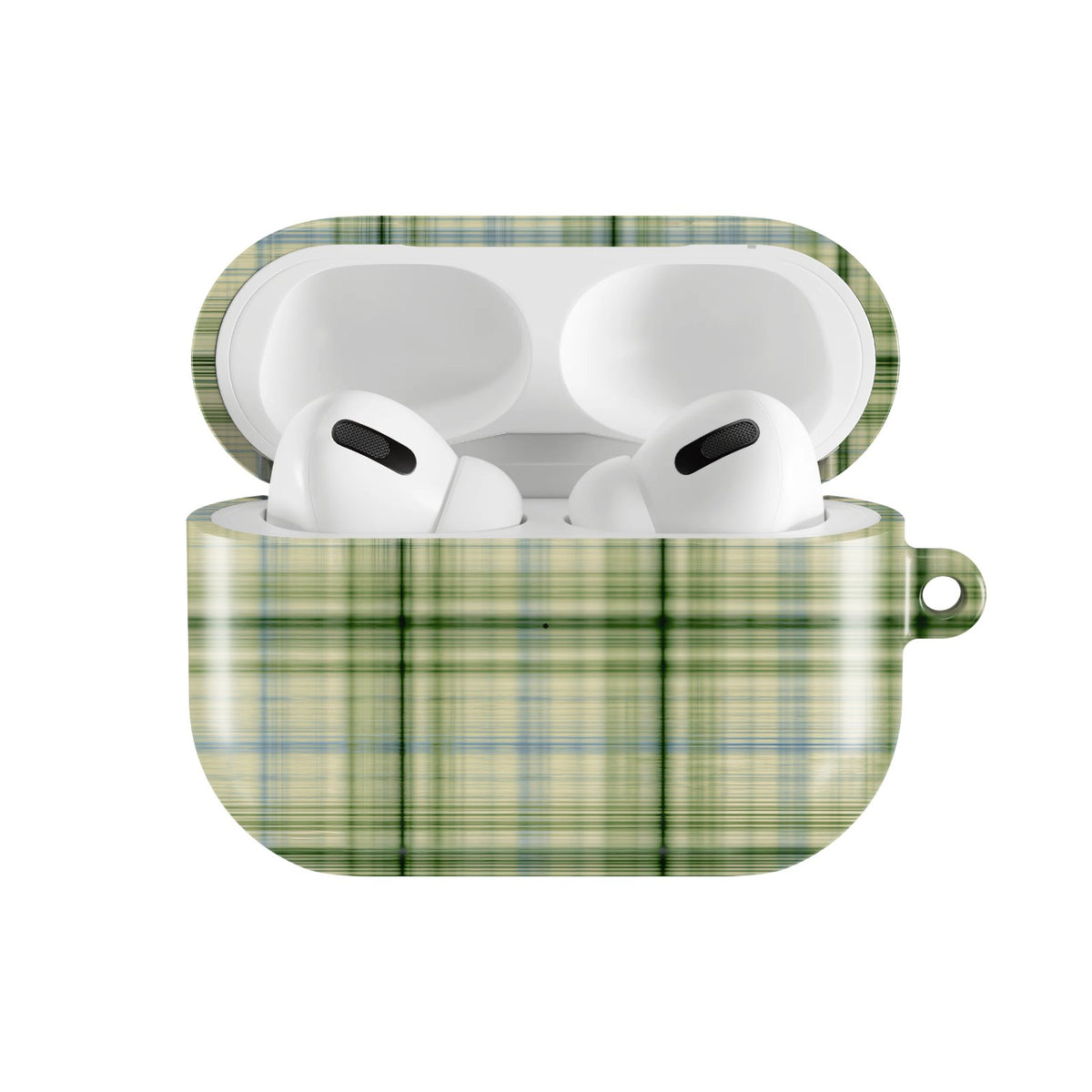 Green Tartan AirPods case — hard-shell earbuds cover, open front view