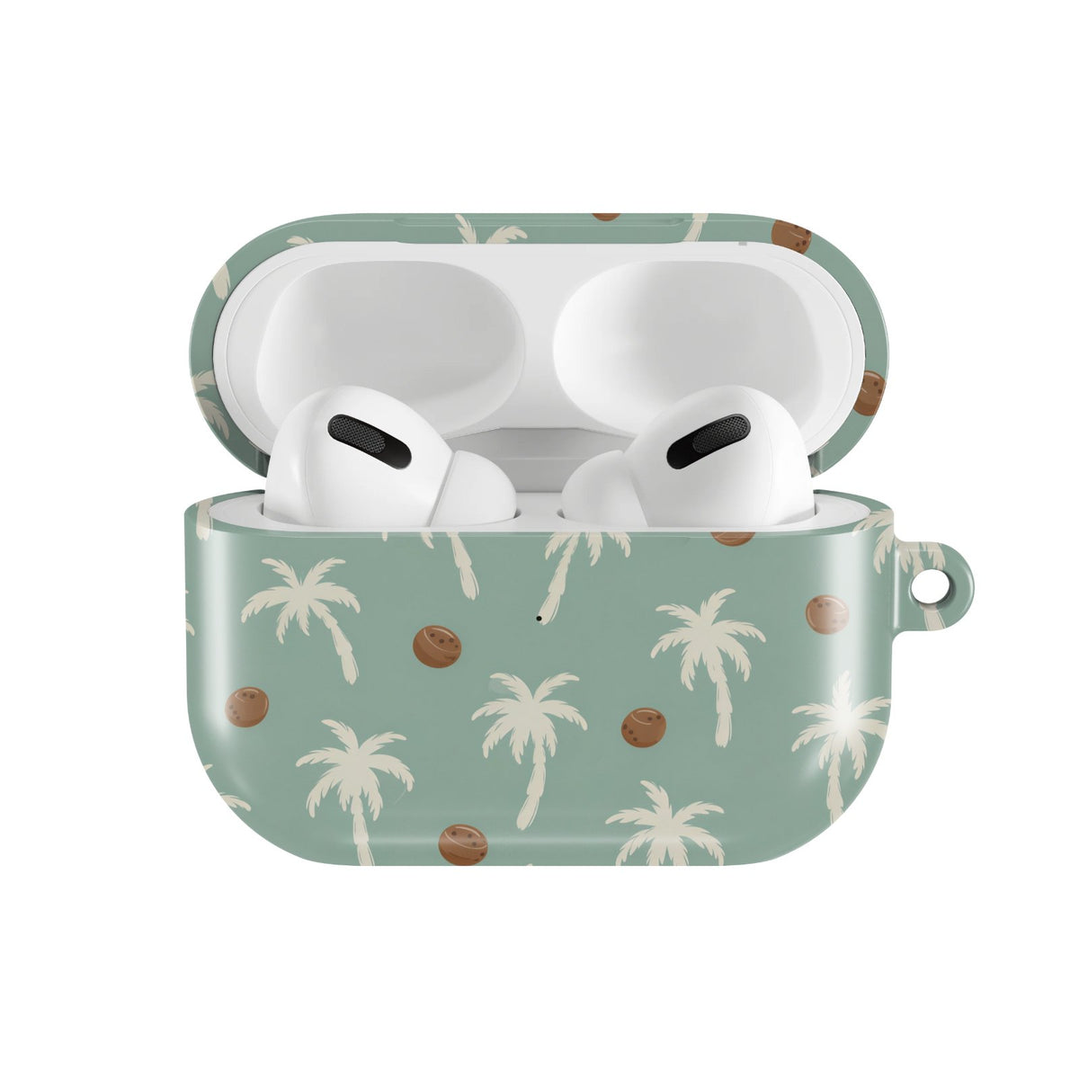 Palm Tree AirPods case — hard-shell earbuds cover, open front view