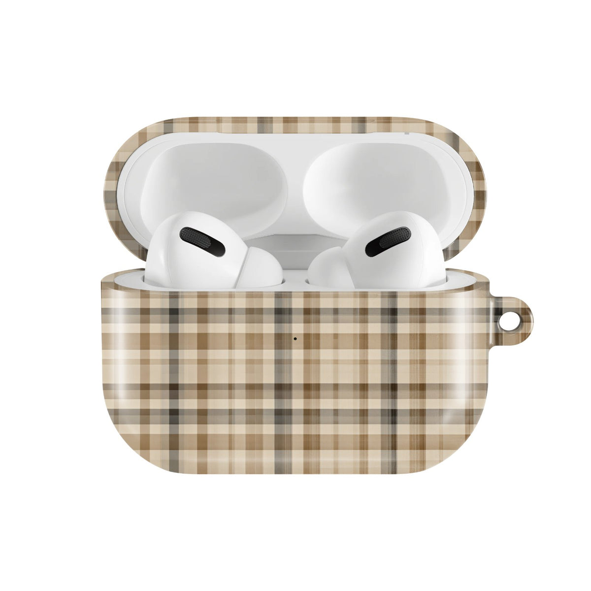 Neutral Tartan AirPods case — hard-shell earbuds cover, open front view