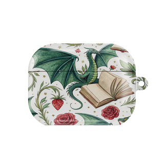 Dragons & Books AirPods case — hard-shell earbuds cover, closed front view