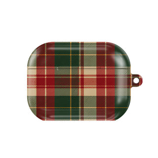Holiday Tartan AirPods case — hard-shell earbuds cover, closed front view