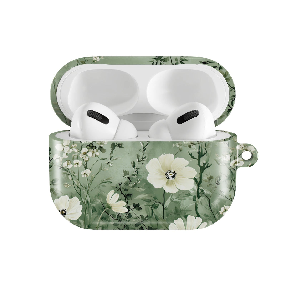 Sage Meadow AirPods case — hard-shell earbuds cover, open front view