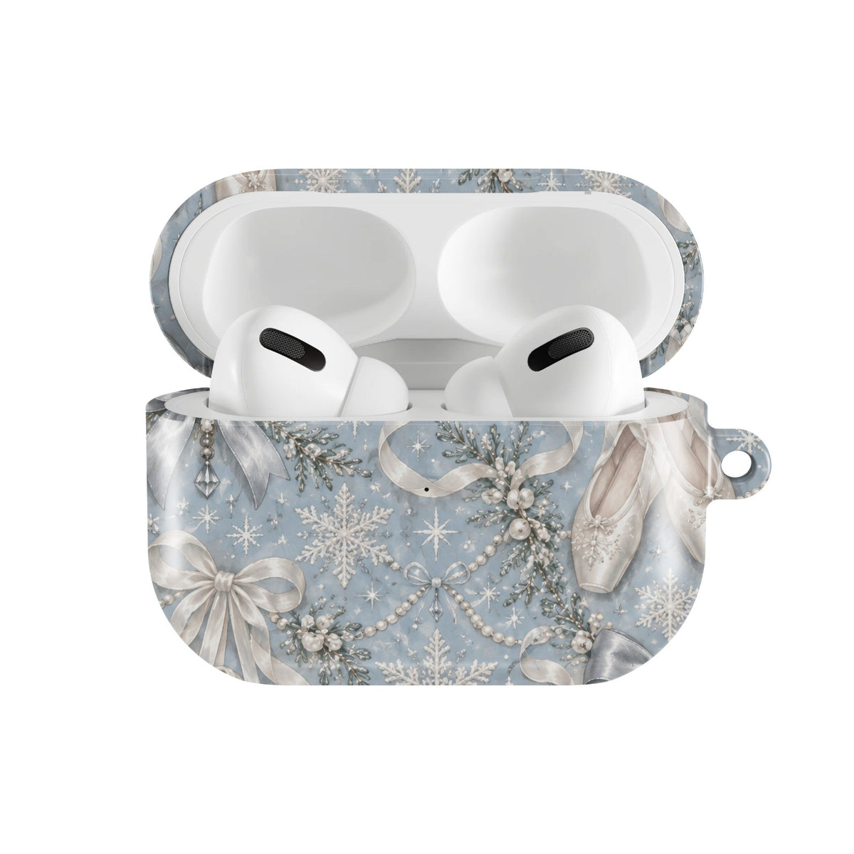 Winter Ballet AirPods case — hard-shell earbuds cover, open front view