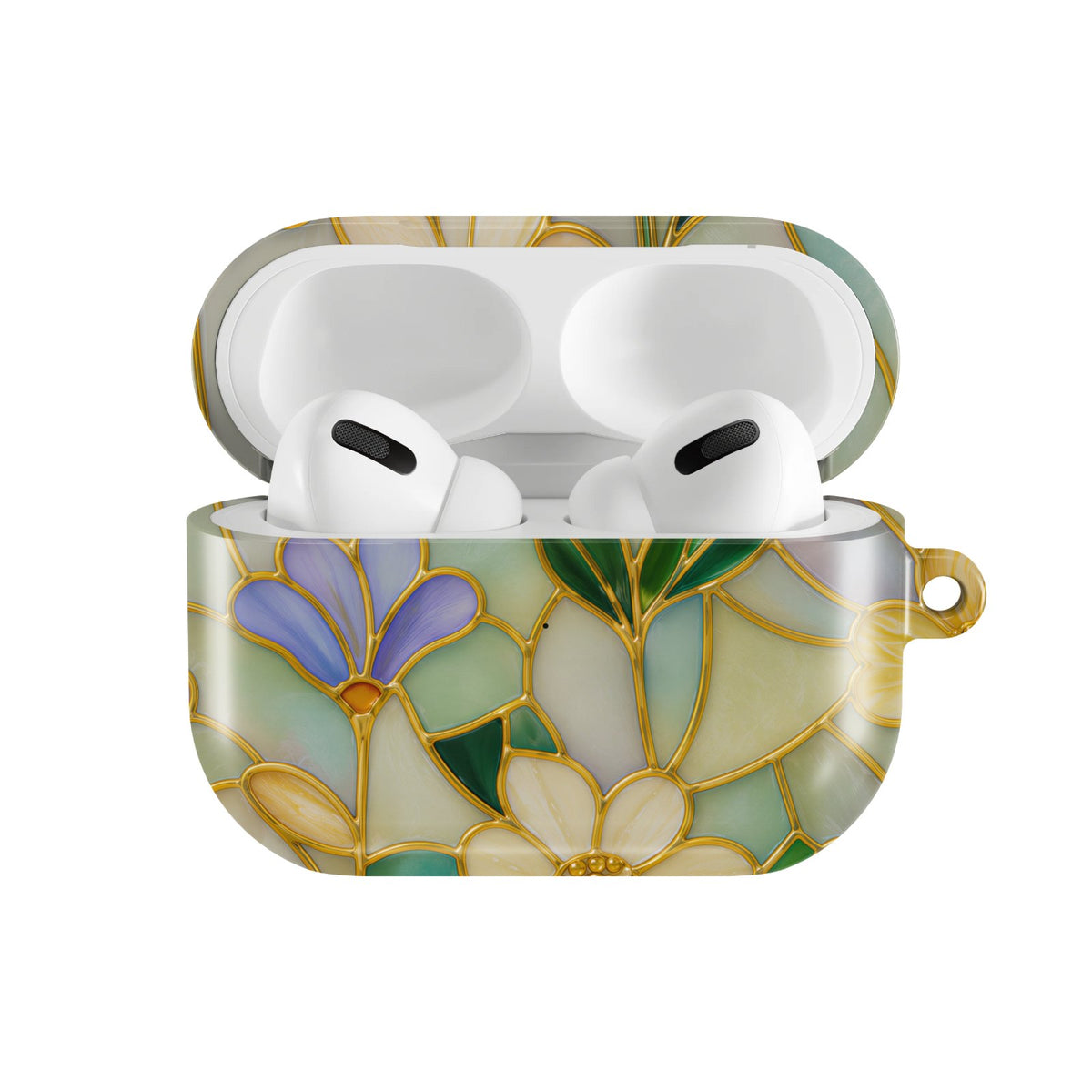Stained Glass Floral AirPods case — hard-shell earbuds cover, open front view