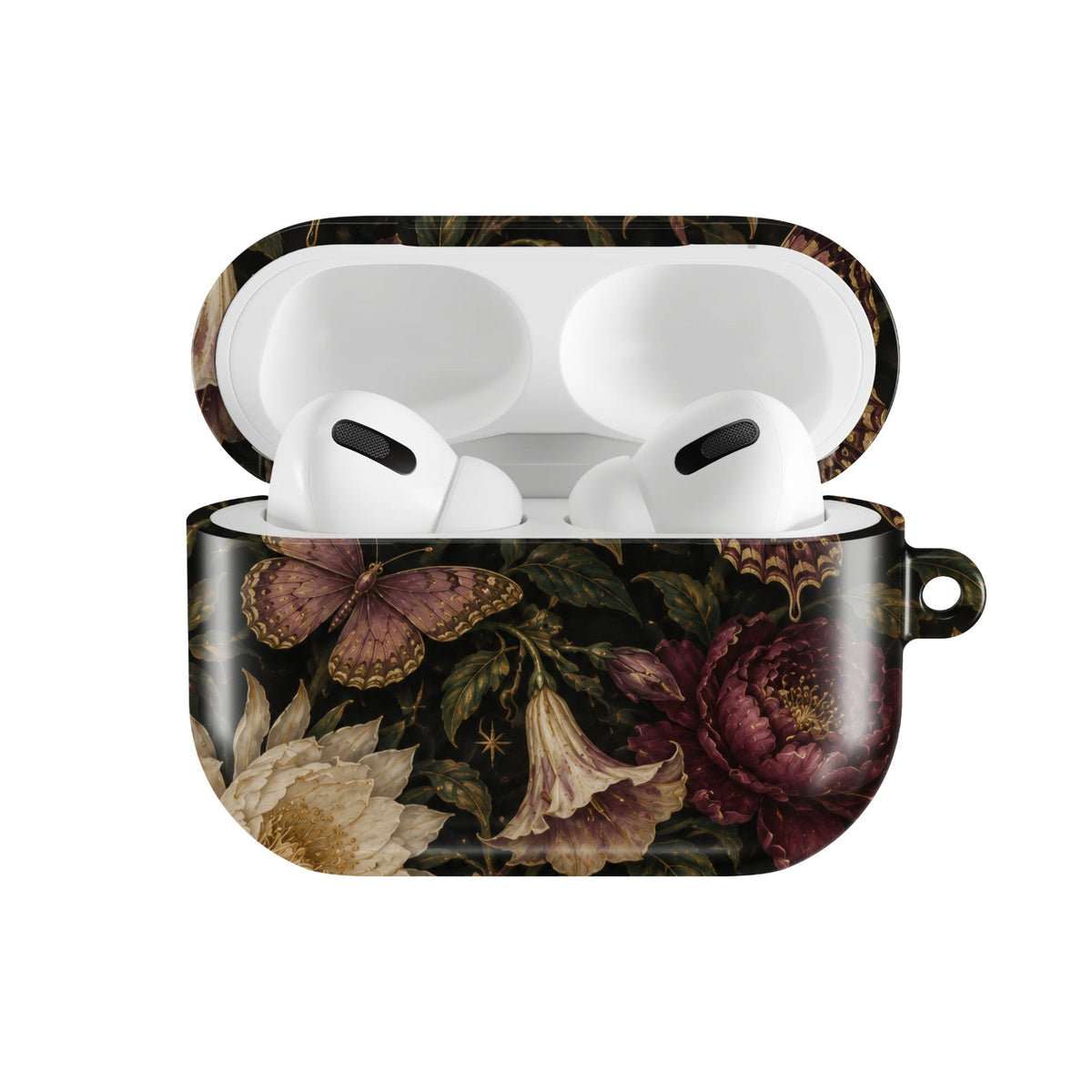 Midnight Butterfly Garden AirPods case — hard-shell earbuds cover, open front view