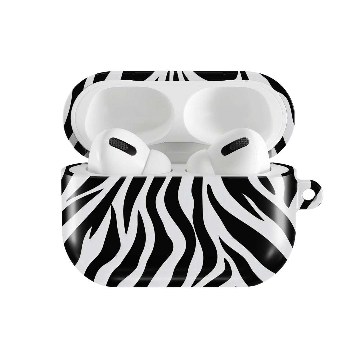 Zebra Stripe AirPods case — hard-shell earbuds cover, open front view