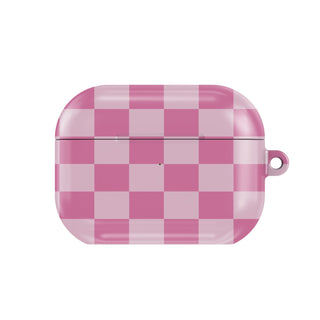 Pink Checkerboard AirPods case — hard-shell earbuds cover, closed front view