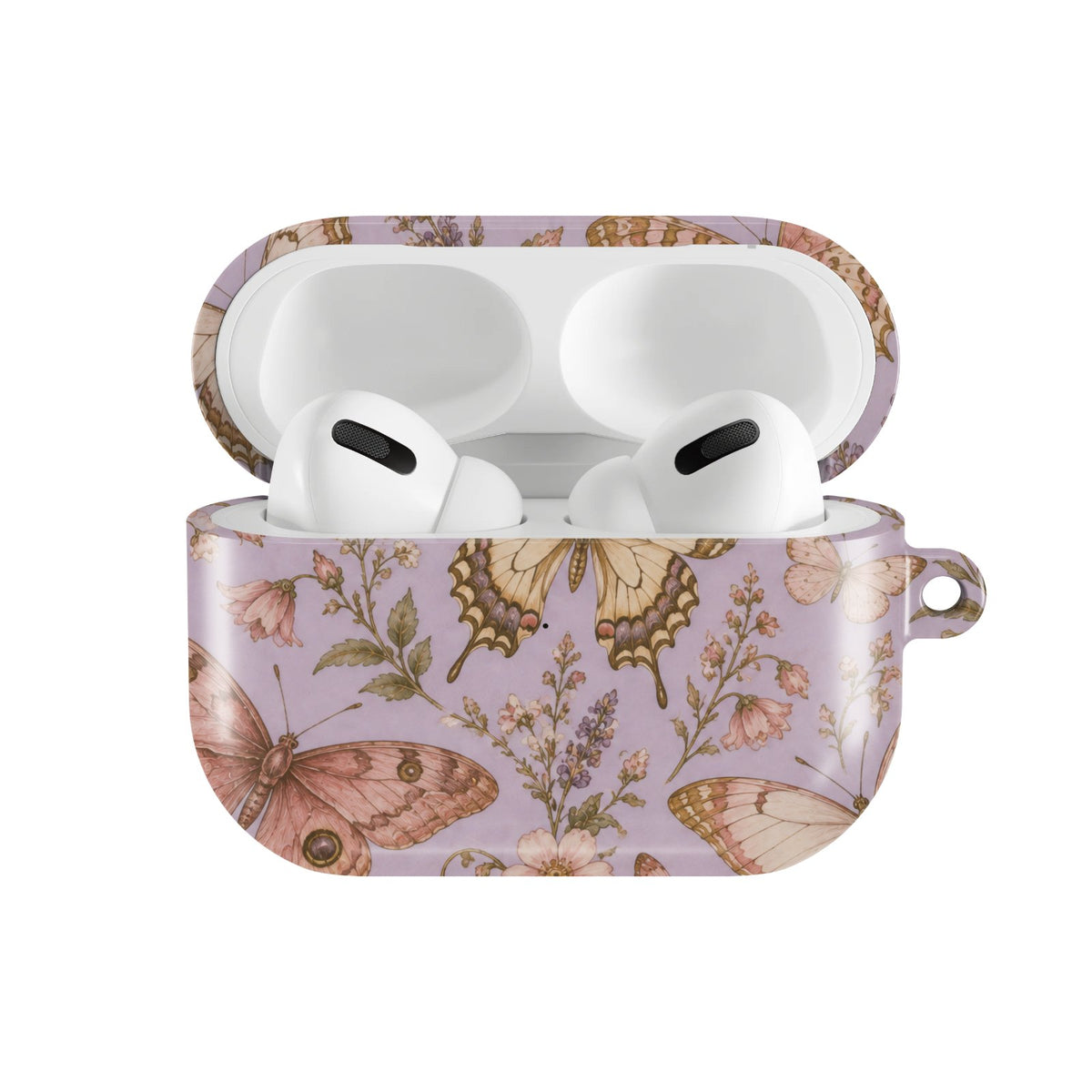 Lilac Butterfly AirPods case — hard-shell earbuds cover, open front view