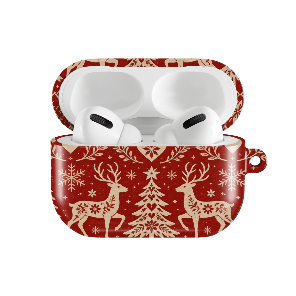 Nordic Reindeer AirPods case — hard-shell earbuds cover, open front view