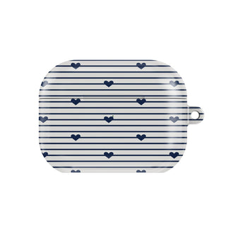 Navy Stripe Hearts AirPods case — hard-shell earbuds cover, closed front view