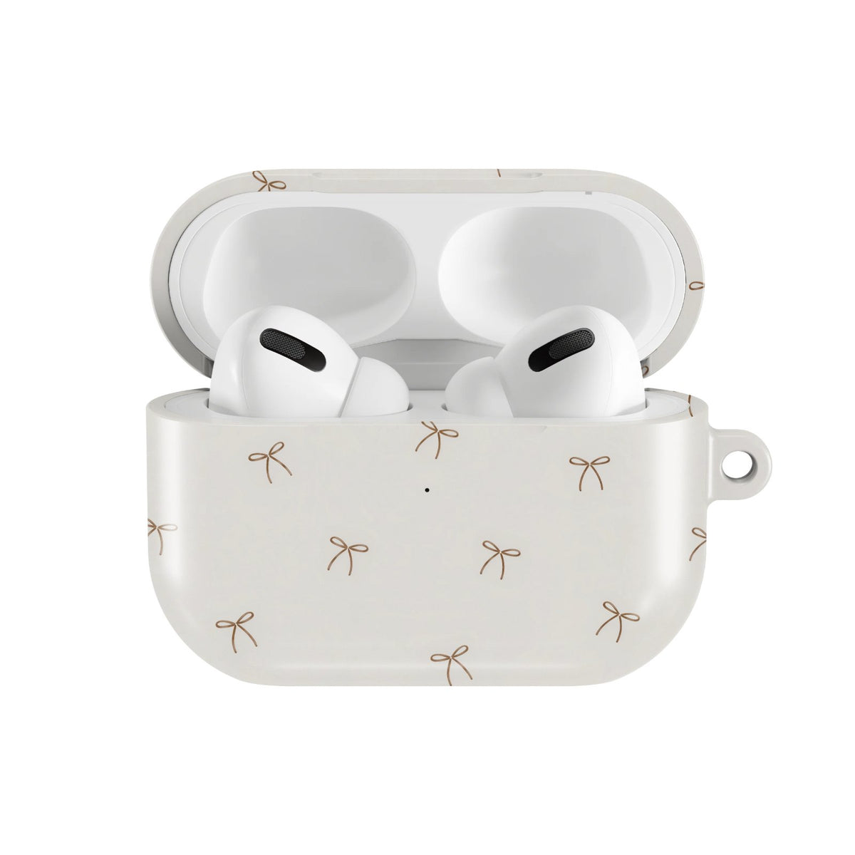 Taupe Bows AirPods case — hard-shell earbuds cover, open front view