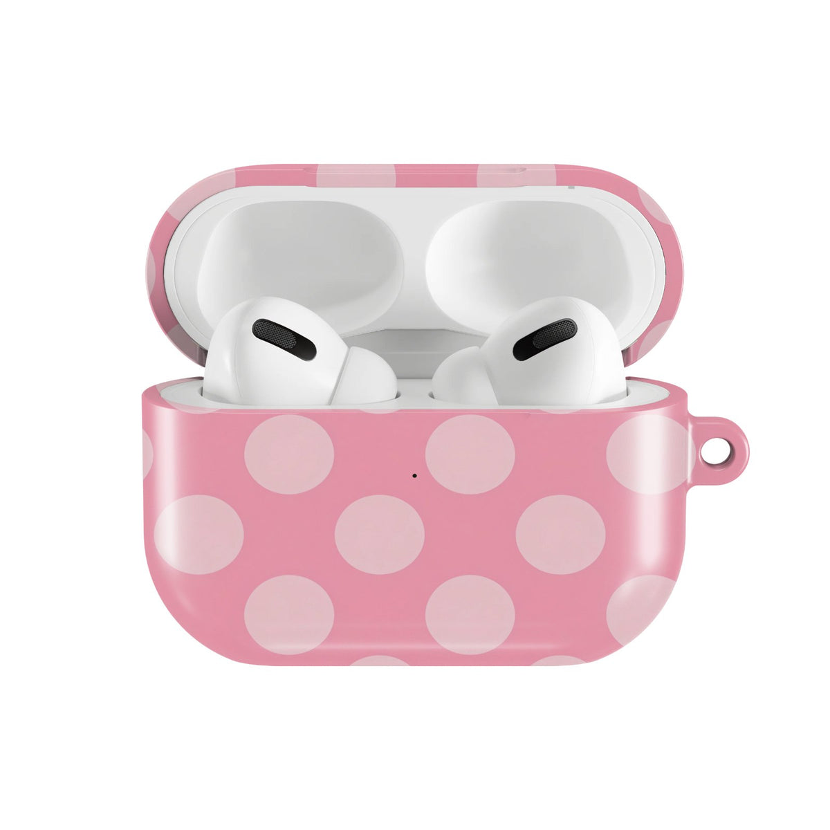 Rose Polka Dot AirPods case — hard-shell earbuds cover, open front view