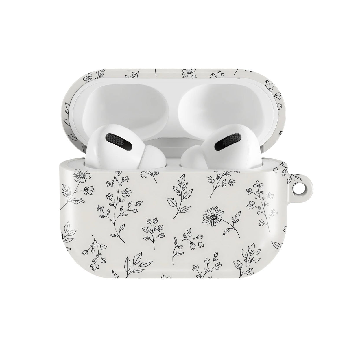 Line Art Wildflower AirPods case — hard-shell earbuds cover, open front view