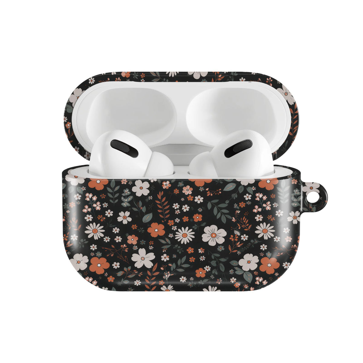 Dark Ditsy Floral AirPods case — hard-shell earbuds cover, open front view