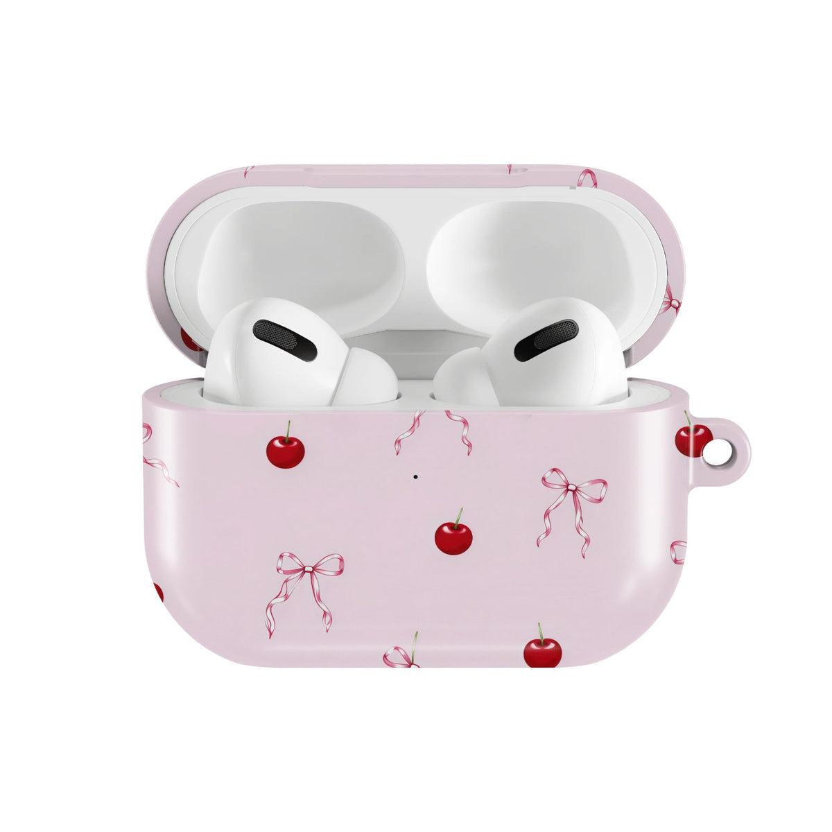 Cherries & Bows AirPods case — hard-shell earbuds cover, open front view