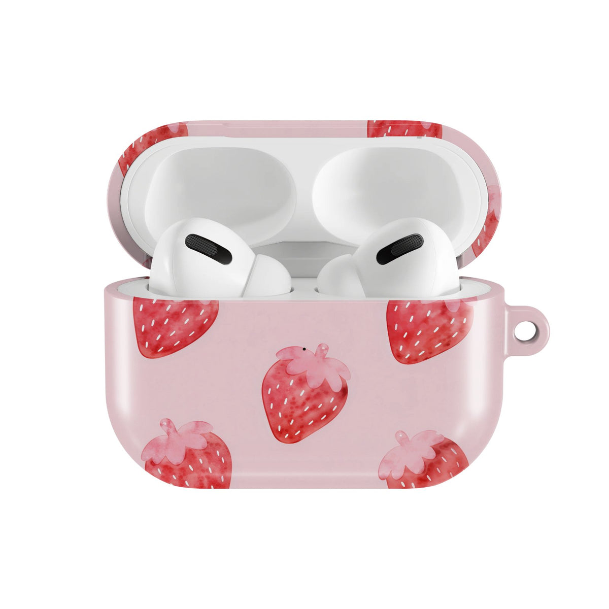 Watercolor Strawberry AirPods case — hard-shell earbuds cover, open front view