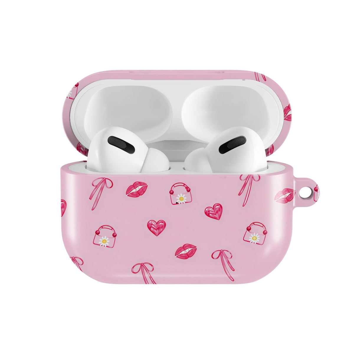Lips & Bows AirPods case — hard-shell earbuds cover, open front view