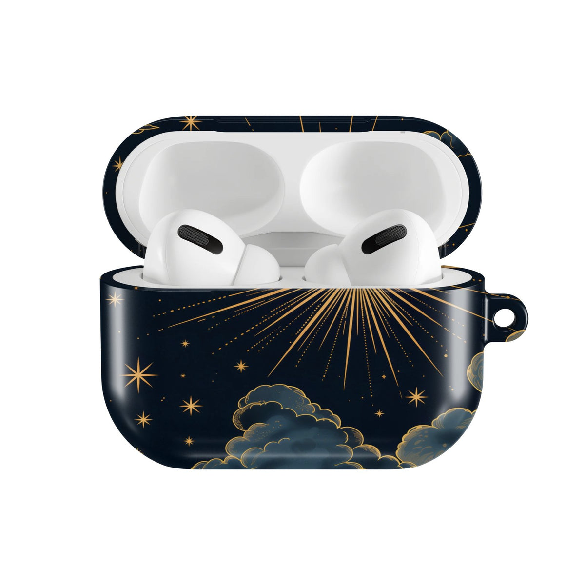 Vintage Celestial Sun AirPods case — hard-shell earbuds cover, open front view