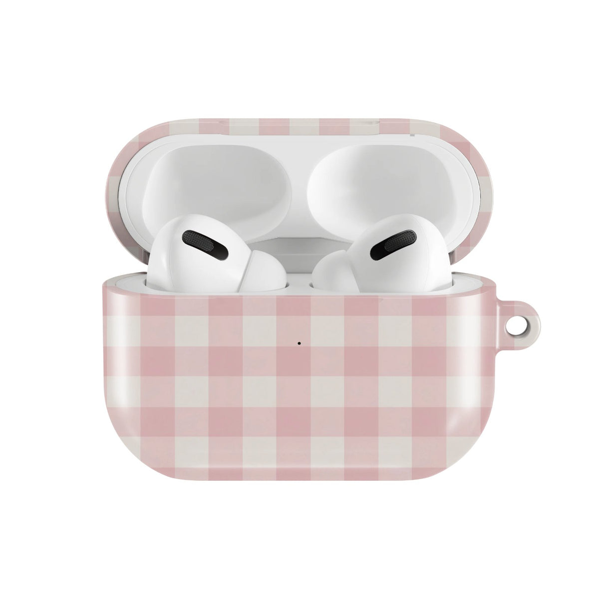 Pink Cottage Gingham AirPods case — hard-shell earbuds cover, open front view