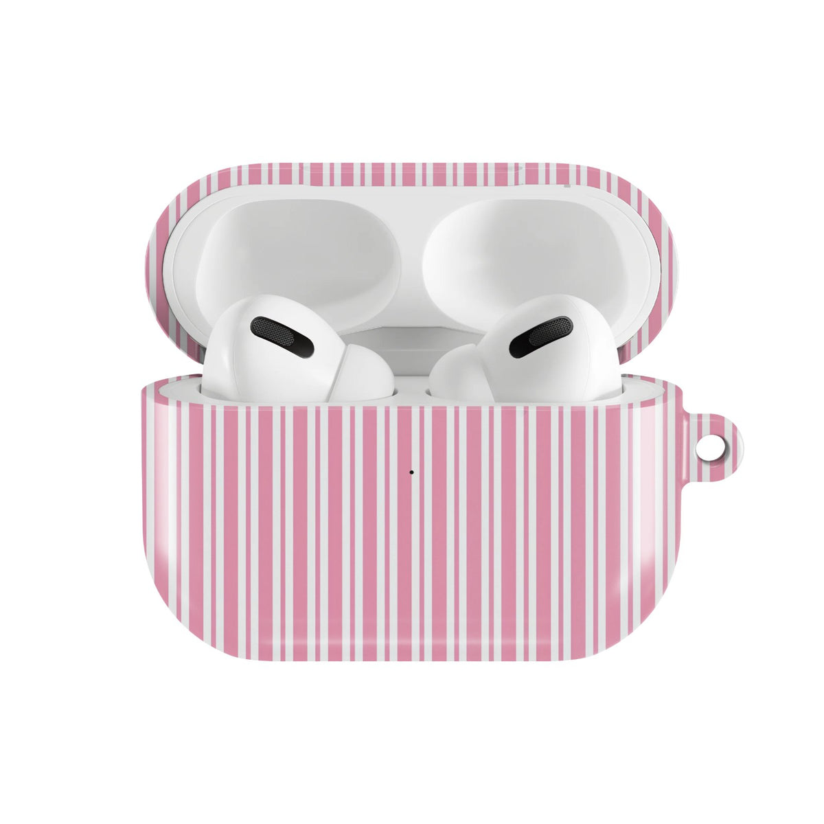 Pink Candy Stripe AirPods case — hard-shell earbuds cover, open front view