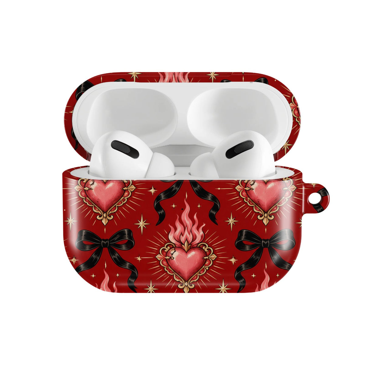 Burning Hearts & Bows AirPods case — hard-shell earbuds cover, open front view