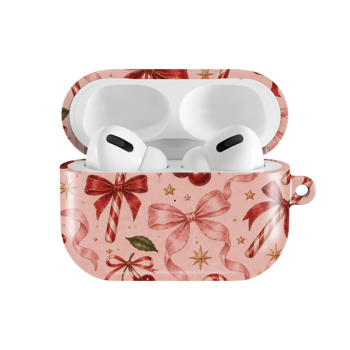 Candy Canes & Cherries AirPods case — hard-shell earbuds cover, open front view