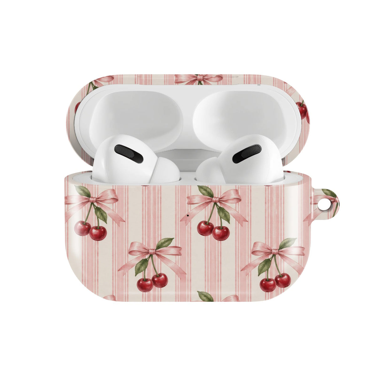 Cherry Bow Stripe AirPods case — hard-shell earbuds cover, open front view