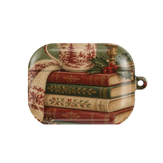 Christmas Book Stack AirPods case — hard-shell earbuds cover, closed front view