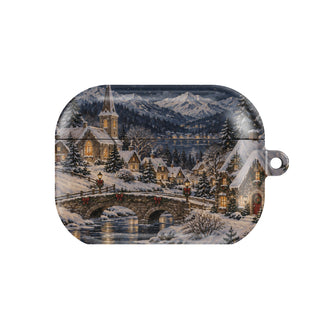 Christmas Village AirPods case — hard-shell earbuds cover, closed front view