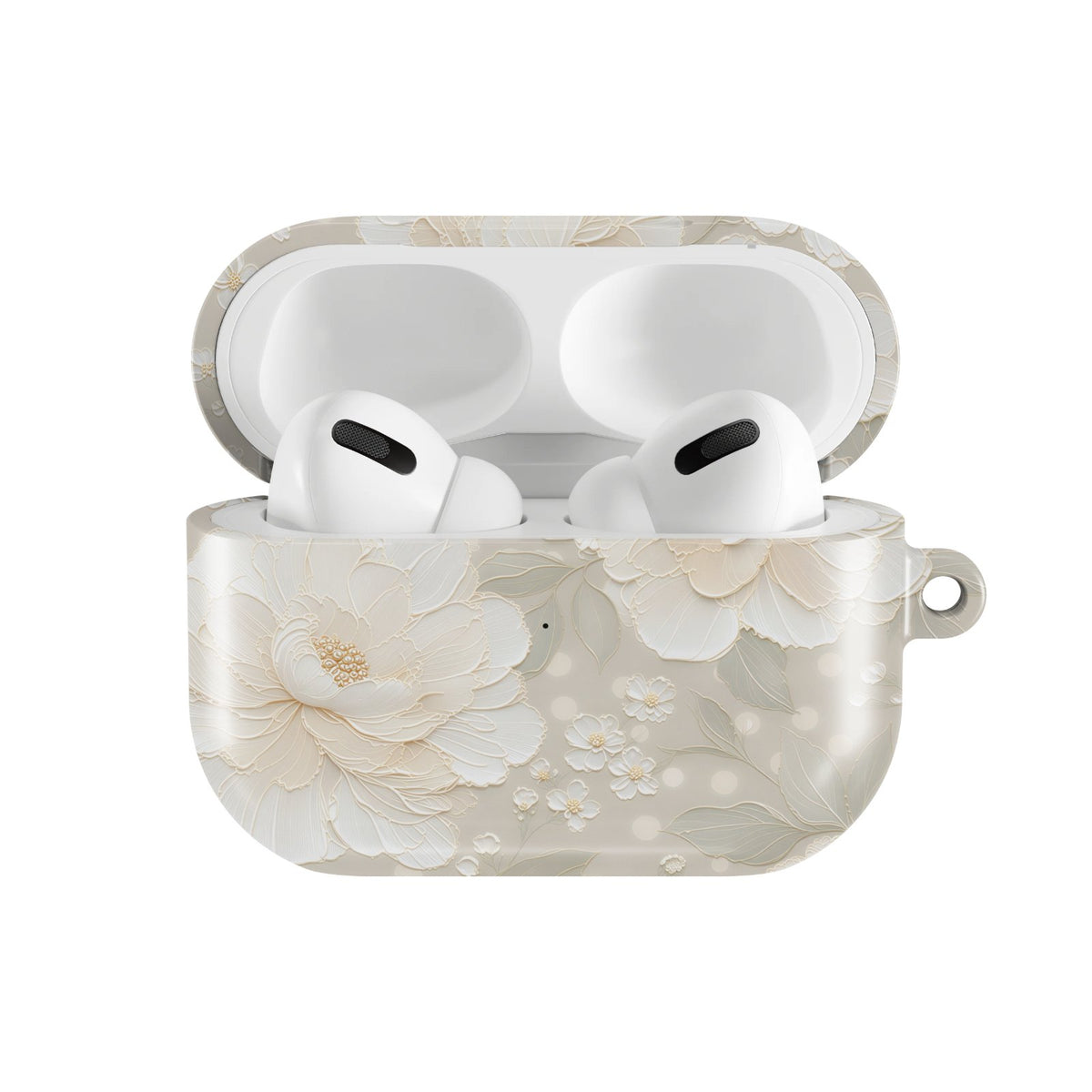 Cream Peony AirPods case — hard-shell earbuds cover, open front view
